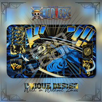 Boa Hancock Perfume Femur One Piece playmat, blue and multicolor manga collage with built-in zones, 24 x 14 in TCG mat