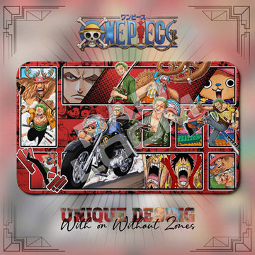 Zoro and Chopper Biker One Piece playmat, red and multicolor manga collage with built-in zones, 24 x 14 in TCG mat