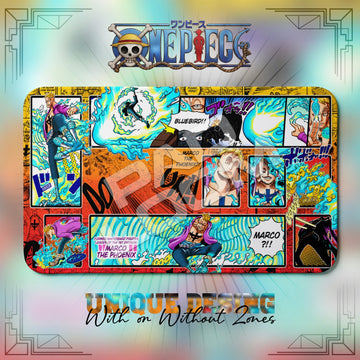 Marco Phoenix One Piece playmat, blue and multicolor manga collage with built-in zones, 24 x 14 in TCG mat