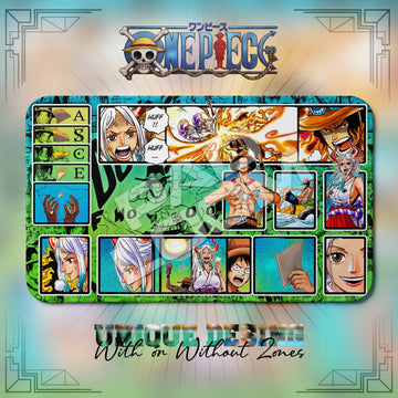 Yamato and Ace Wano One Piece playmat, green and multicolor manga collage with built-in zones, 24 x 14 in TCG mat
