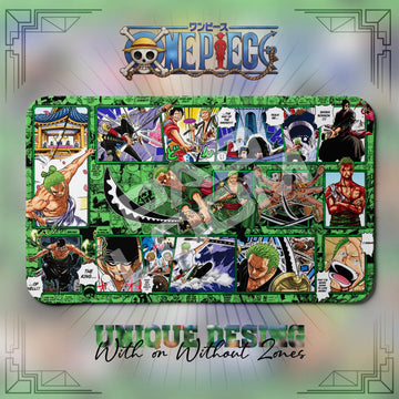 Zoro Shishi Sonson One Piece playmat, green and multicolor manga collage with built-in zones, 24 x 14 in TCG mat