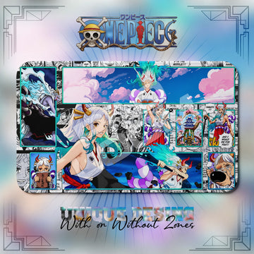 Yamato Oden Journal One Piece playmat, blue and multicolor manga collage with built-in zones, 24 x 14 in TCG mat