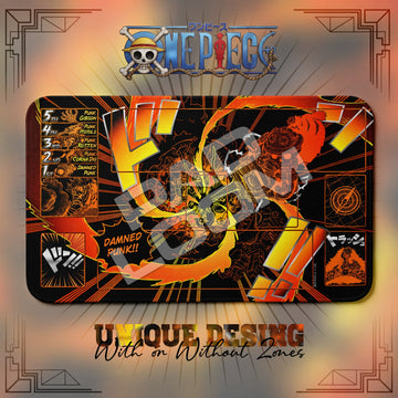 Eustass Kid Damned Punk One Piece playmat, orange and black manga collage with built-in zones, 24 x 14 in TCG mat