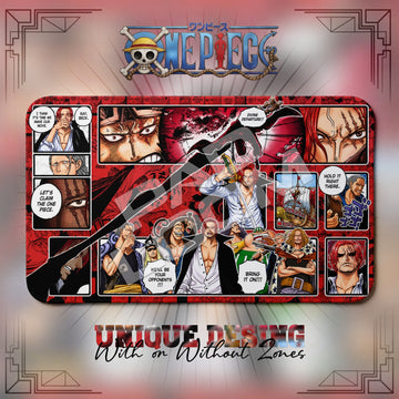 Shanks Red Force One Piece playmat, red and multicolor manga collage with built-in zones, 24 x 14 in TCG mat