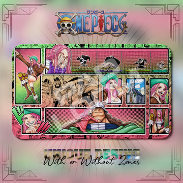 Bonney and Kuma Egghead One Piece playmat, red and multicolor manga collage with built-in zones, 24 x 14 in TCG mat