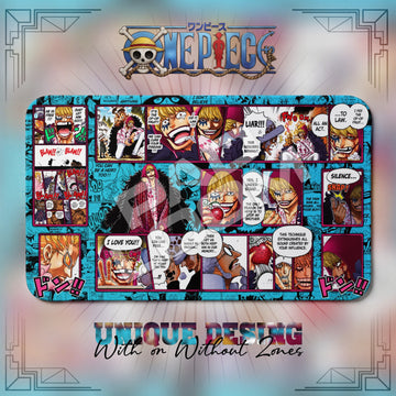 Corazon Rosinante One Piece playmat, blue and multicolor manga collage with built-in zones, 24 x 14 in TCG mat