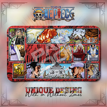 Marine Admirals Buster Call One Piece playmat, red and multicolor manga collage with built-in zones, 24 x 14 in TCG mat