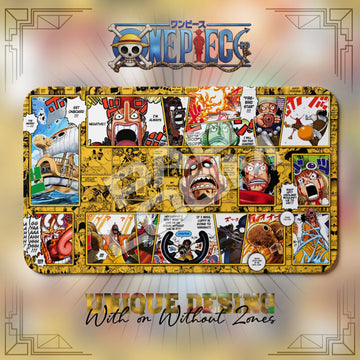 Usopp Going Merry One Piece playmat, gold and multicolor manga collage with built-in zones, 24 x 14 in TCG mat