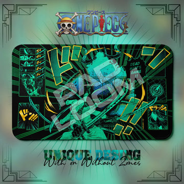 Zoro Dead Man's Game One Piece playmat, green and black manga collage with built-in zones, 24 x 14 in TCG mat