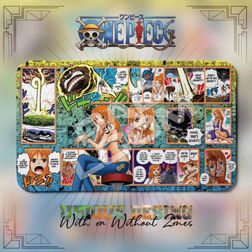 Nami Zeus One Piece playmat, orange and multicolor manga collage with built-in zones, 24 x 14 in TCG mat