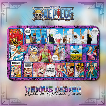 Vivi and Rebecca Reverie One Piece playmat, blue and multicolor manga collage with built-in zones, 24 x 14 in TCG mat