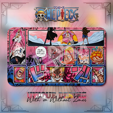 Doflamingo Joker One Piece playmat, pink and multicolor manga collage with built-in zones, 24 x 14 in TCG mat