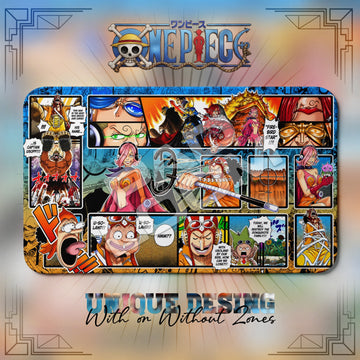 Usopp Dressrosa One Piece playmat, orange and multicolor manga collage with built-in zones, 24 x 14 in TCG mat