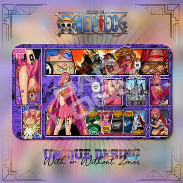 Reiju Poison Pink One Piece playmat, purple and multicolor manga collage with built-in zones, 24 x 14 in TCG mat