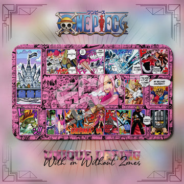 Reiju Germa 66 One Piece playmat, pink and multicolor manga collage with built-in zones, 24 x 14 in TCG mat