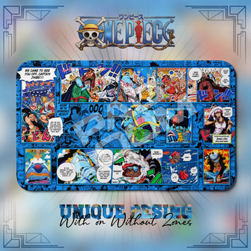 Jinbe Fishman Karate One Piece playmat, blue and multicolor manga collage with built-in zones, 24 x 14 in TCG mat