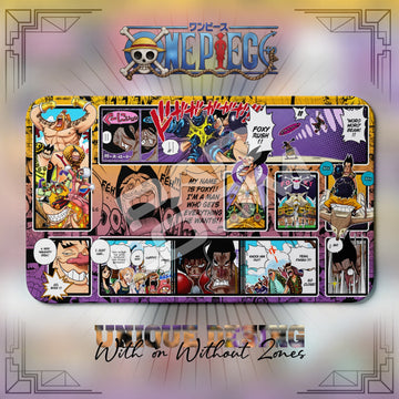 Foxy Davy Back Fight One Piece playmat, orange and multicolor manga collage with built-in zones, 24 x 14 in TCG mat