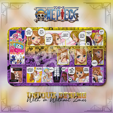 Pudding Whole Cake One Piece playmat, orange and multicolor manga collage with built-in zones, 24 x 14 in TCG mat