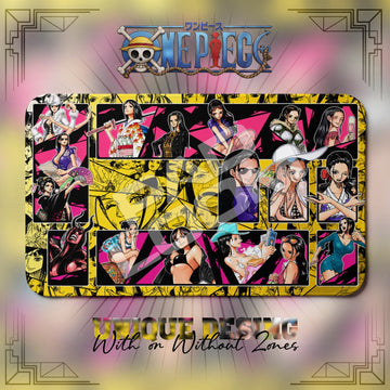 Nico Robin Fashion One Piece playmat, pink and multicolor manga collage with built-in zones, 24 x 14 in TCG mat