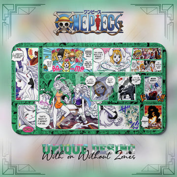 Carrot Sulong One Piece playmat, green and multicolor manga collage with built-in zones, 24 x 14 in TCG mat