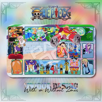 Straw Hat Crew Egghead One Piece playmat, blue and multicolor manga collage with built-in zones, 24 x 14 in TCG mat