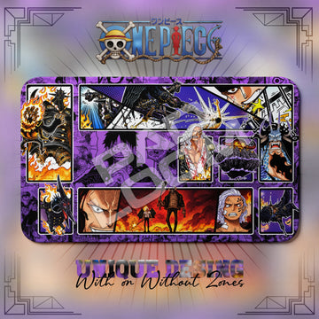 King Lunarian One Piece playmat, purple and multicolor manga collage with built-in zones, 24 x 14 in TCG mat