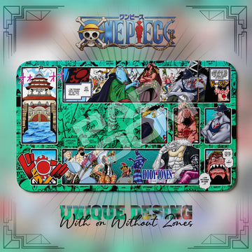 Sun Pirates Fishman Island One Piece playmat, green and multicolor manga collage with built-in zones, 24 x 14 in TCG mat
