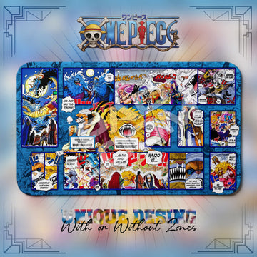 Inuarashi Nekomamushi Zou One Piece playmat, blue and multicolor manga collage with built-in zones, 24 x 14 in TCG mat