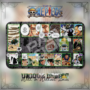 Crocodile Alabasta One Piece playmat, green and multicolor manga collage with built-in zones, 24 x 14 in TCG mat