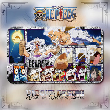 Luffy Nika Sun God One Piece playmat, white and blue manga collage with built-in zones, 24 x 14 in TCG mat
