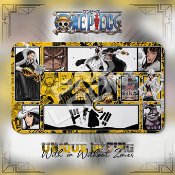 Crocodile Baroque Works One Piece playmat, gold and multicolor manga collage with built-in zones, 24 x 14 in TCG mat