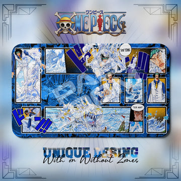 Kuzan Aokiji Ice Age One Piece playmat, blue and multicolor manga collage with built-in zones, 24 x 14 in TCG mat