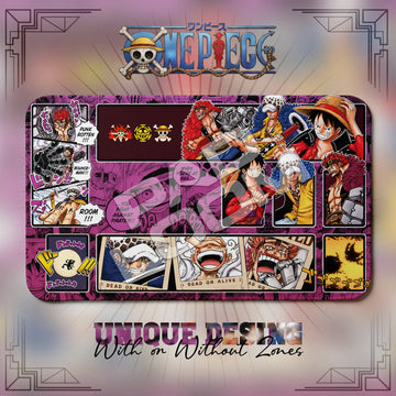 Worst Generation Wanted One Piece playmat, pink and multicolor manga collage with built-in zones, 24 x 14 in TCG mat