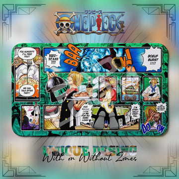 Sanji Baratie One Piece playmat, green and multicolor manga collage with built-in zones, 24 x 14 in TCG mat