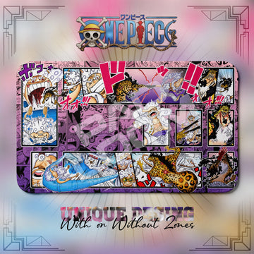 Luffy vs Lucci Egghead One Piece playmat, pink and multicolor manga collage with built-in zones, 24 x 14 in TCG mat