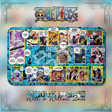 Trafalgar Law Shock Wille One Piece playmat, blue and multicolor manga collage with built-in zones, 24 x 14 in TCG mat