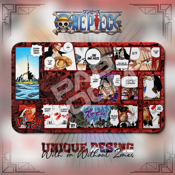 Shanks vs Blackbeard One Piece playmat, red and multicolor manga collage with built-in zones, 24 x 14 in TCG mat