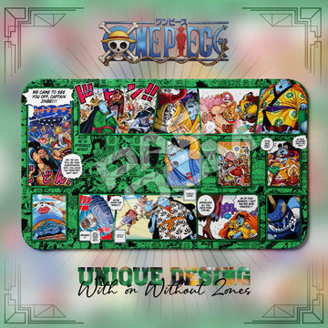 Jinbe Knight of the Sea One Piece playmat, green and multicolor manga collage with built-in zones, 24 x 14 in TCG mat