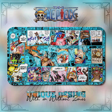 Franky Radical Beam One Piece playmat, blue and multicolor manga collage with built-in zones, 24 x 14 in TCG mat