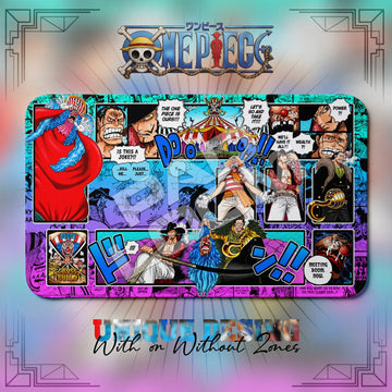 Buggy Cross Guild One Piece playmat, blue and multicolor manga collage with built-in zones, 24 x 14 in TCG mat
