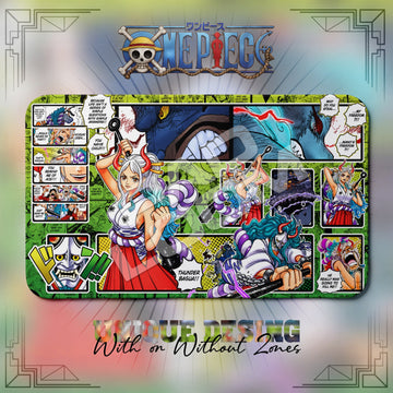 Yamato Thunder Bagua One Piece playmat, green and multicolor manga collage with built-in zones, 24 x 14 in TCG mat