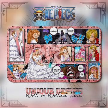 Pudding Wedding One Piece playmat, pink and multicolor manga collage with built-in zones, 24 x 14 in TCG mat