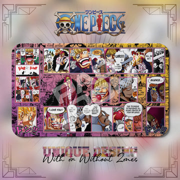 Corazon Silence One Piece playmat, pink and multicolor manga collage with built-in zones, 24 x 14 in TCG mat