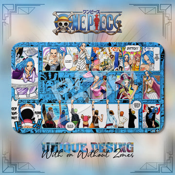 Vivi Friendship Mark One Piece playmat, blue and multicolor manga collage with built-in zones, 24 x 14 in TCG mat