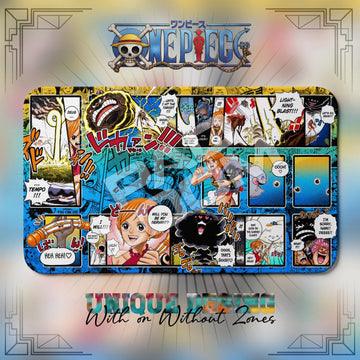Nami Clima-Tact One Piece playmat, blue and multicolor manga collage with built-in zones, 24 x 14 in TCG mat