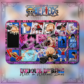 Luffy Five Gears One Piece playmat, pink and multicolor manga collage with built-in zones, 24 x 14 in TCG mat