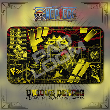 Vegapunk Punk Records One Piece playmat, yellow and black manga collage with built-in zones, 24 x 14 in TCG mat