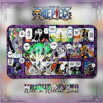 Brook Soul King One Piece playmat, purple and multicolor manga collage with built-in zones, 24 x 14 in TCG mat