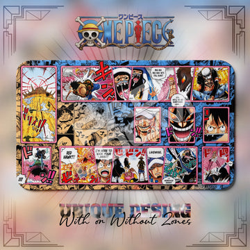 Trafalgar Law Alliance One Piece playmat, pink and multicolor manga collage with built-in zones, 24 x 14 in TCG mat