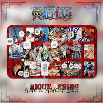 Red Hair Pirates Marineford One Piece playmat, red and multicolor manga collage with built-in zones, 24 x 14 in TCG mat